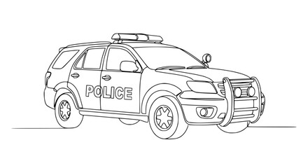 Police SUV illustration, outline drawing of a law enforcement vehicle with siren lights. © Wesi