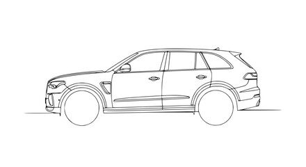 Naklejka premium Modern SUV outline drawing, side view, minimalist sketch, clean lines, automotive design concept