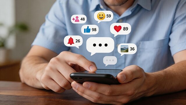 Person holding smartphone with social media notifications likes comments shares floating above screen, digital communication engagement interaction online community concept