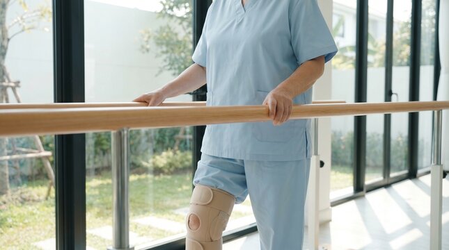 Senior woman with knee brace practicing walking with parallel bars in clinic