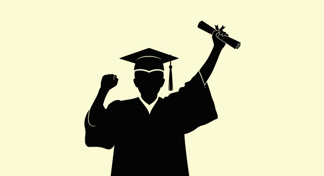 Triumphant graduate silhouette celebrating academic success and the culmination of their educational journey, holding a diploma high in a moment of pride and accomplishment