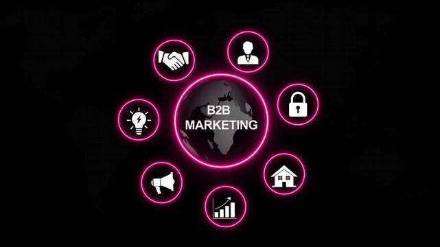 Dynamic b2b marketing concept animation featuring a rotating global earth globe surrounded by glowing neon pink circular representing business growth, strategy, digital communication, and security