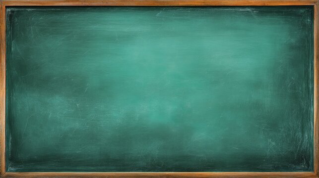 Blank green school chalkboard on classroom wall with empty blackboard surface for education, teaching, learning concepts, academic background template, copy space for lessons, announcements, school pr