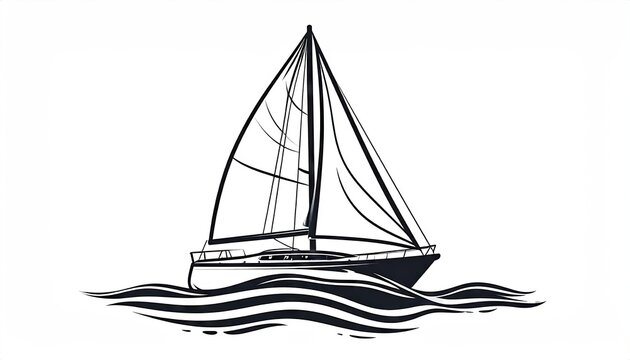 Monochrome sailing vessel on a stylized ocean