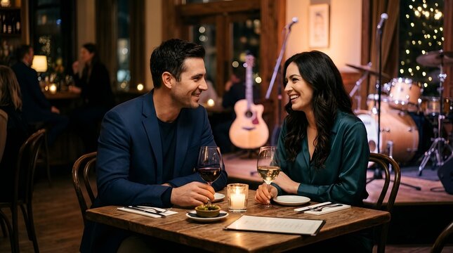 Couple enjoying romantic dinner date at restaurant table