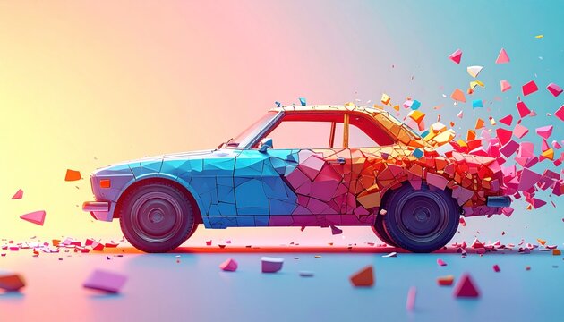 Abstract car splitting into colorful geometric fragments against pastel gradients