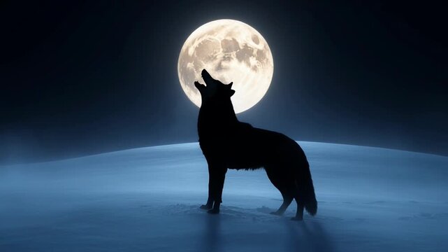 Silhouette of a wolf howling at full moon.