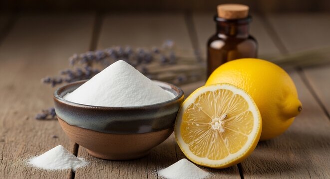 Natural cleaning ingredients with baking soda lemon and lavender on a rustic wooden table.