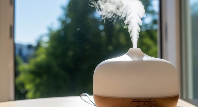 Aroma oil diffuser emitting steam for aromatherapy by a sunny window.
