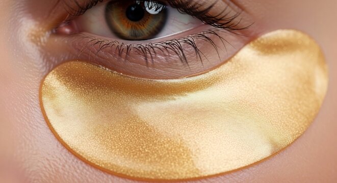 Close up of a womans eye with a golden hydrogel patch for skincare treatment.