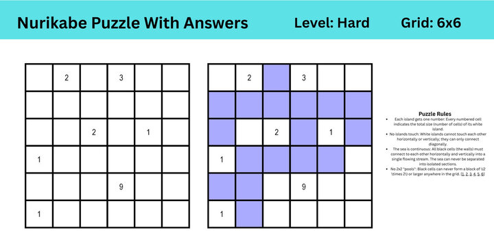 Nurikabe Puzzle With Answers Level Hard Grid 6x6 best to enhance brain muscle memory for both kids and adults perfect for digital use or large print activity or books publishing