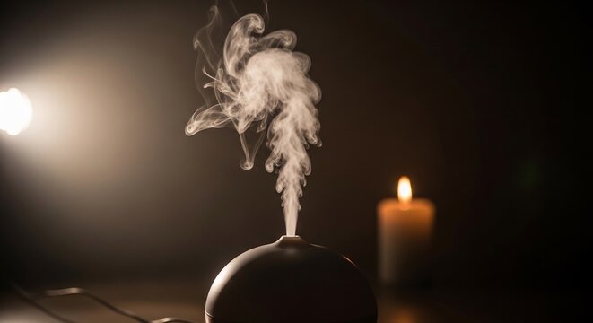 Aroma diffuser releasing a plume of steam in a dark room with a candle.