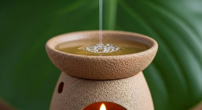 Aromatherapy essential oil being poured into a warm ceramic diffuser with a lit candle for a relaxing spa treatment.