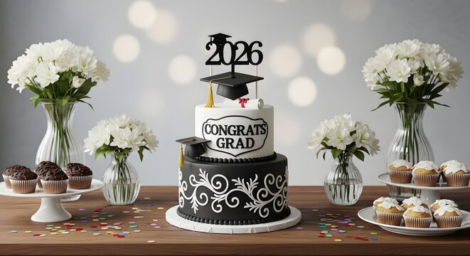 Graduation cake with 2026 topper, cupcakes, and flowers on a wooden table