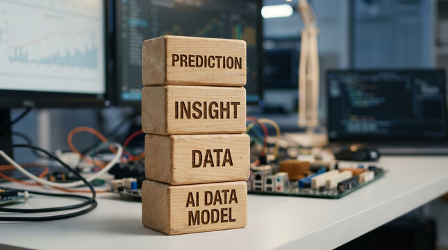 Wooden blocks stacked with words data prediction insight ai data model on desk with computer screens and circuit boards in office.