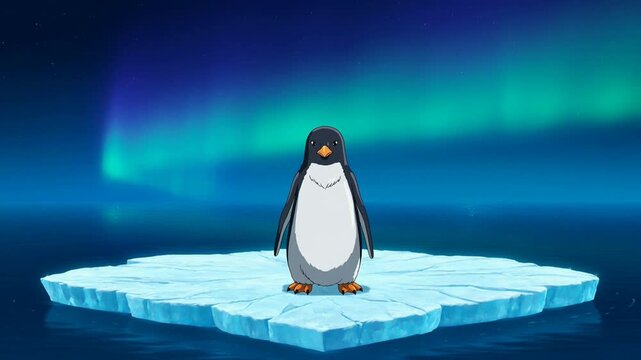 A cartoon penguin on a melting ice floe.
