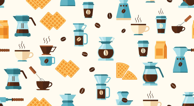 Seamless vector pattern featuring various coffee brewing equipment cups beans and waffles on a light cream background for cafe branding.