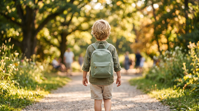 Back view of a little child with backpack walking in a sunny park