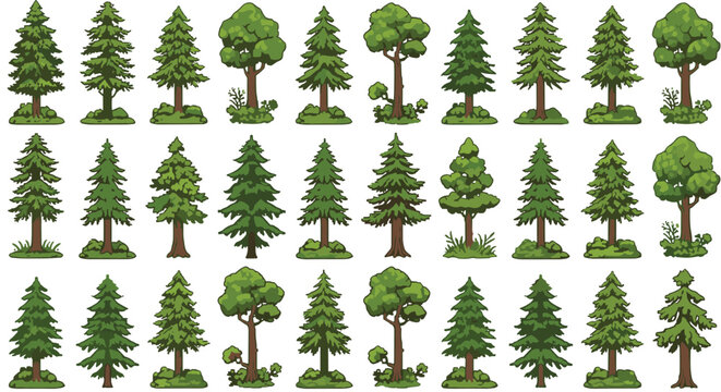 Grid layout of various tree species including different types of fir, pine, spruce, and leafy trees for landscape design elements.