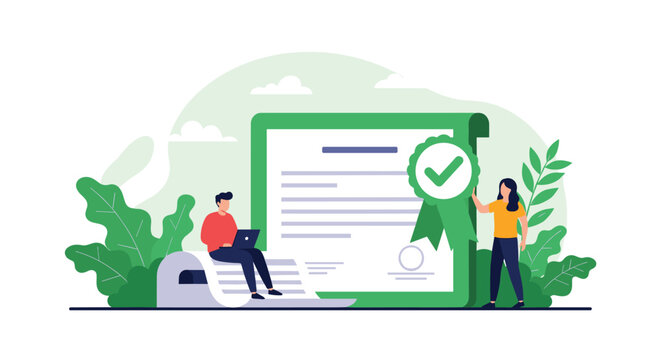 Achievement and certification concept featuring tiny people celebrating near a large document with a green seal and ribbon of quality.
