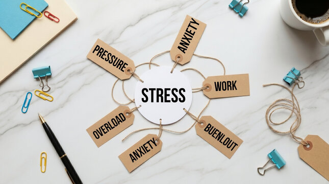 Concept of mental pressure shown with central stress sign connected by twine strings to paper tags labeled with common causes including anxiety work and personal burnout triggers.