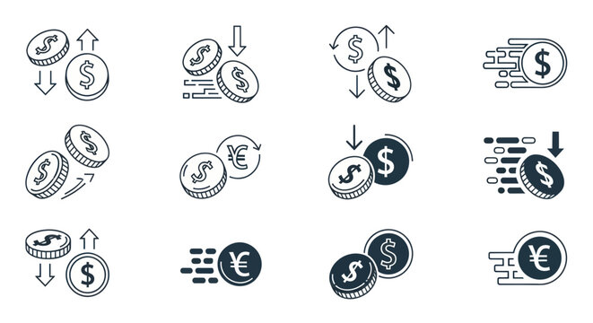 Black and white currency symbols icons.
