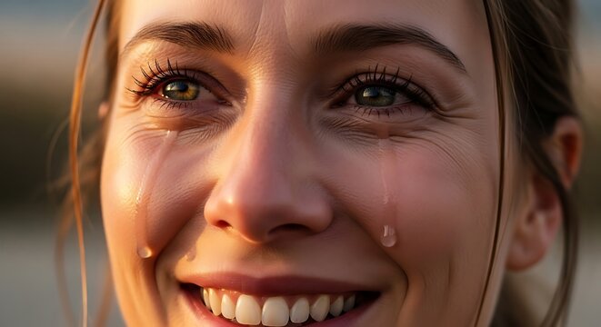 Woman tears with smiles.