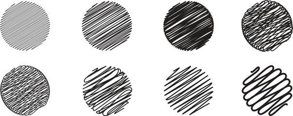 Hand drawn scribble circle collection with sketch line textures and shaded fill patterns. Abstract monochrome doodle elements set. Creative artistic shapes for design, branding and graphics. © Parul