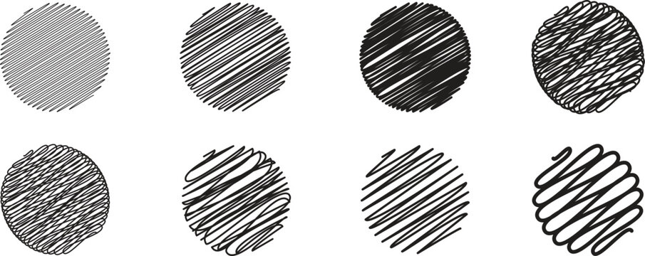 Hand drawn scribble circle collection with sketch line textures and shaded fill patterns. Abstract monochrome doodle elements set. Creative artistic shapes for design, branding and graphics.