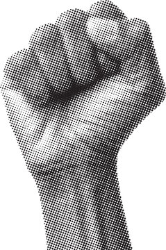 Halftone clenched fist hand gesture illustration with detailed monochrome shading. Powerful symbol of strength and determination. Modern human expression graphic for activism and design.
