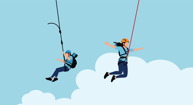 Two adventurous people paragliding through the clear blue sky above soft white clouds using parachutes and safety equipment.