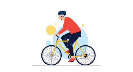 Fototapeta premium Active senior man riding a yellow bicycle outdoors against a white background with colorful abstract circles.