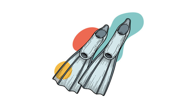 Hand drawn illustration of a pair of diving flippers with colorful abstract shapes in the background.