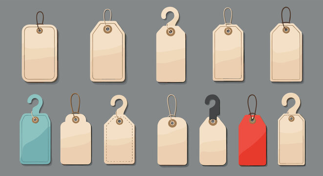 Wide variety of blank paper and cardboard price tags and labels in different shapes and colors with strings.