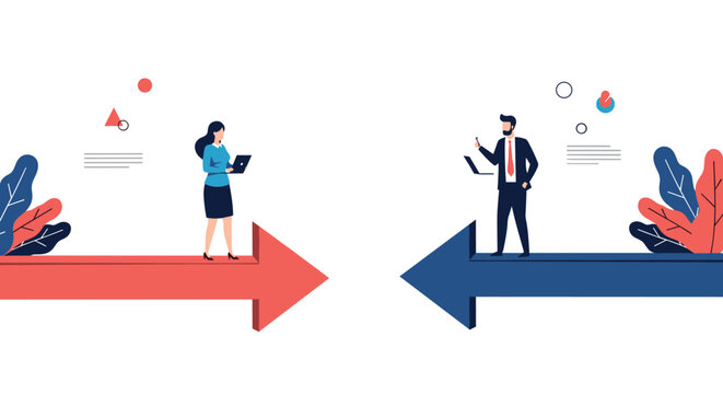 Businessman and businesswoman standing on red and blue arrows pointing in opposite directions representing a choice or conflict in ideas.