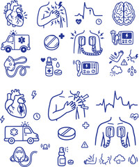 Obraz premium Set of Hand Drawn Doodle Heart Attack Icons | Vector Cardiac Emergency Line Art