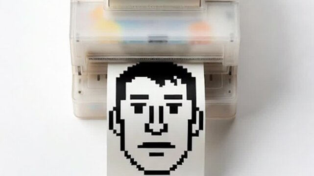 A pixelated man's face on paper.