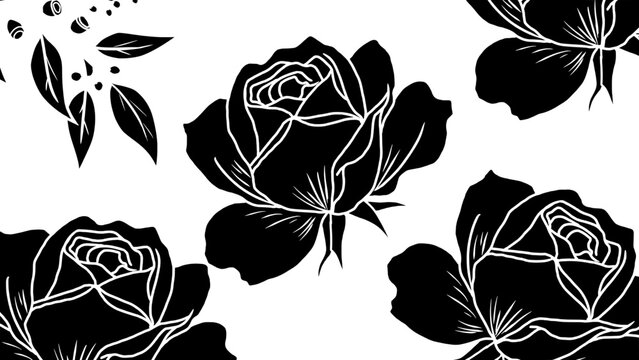Black Rose Seamless Pattern with Minimalist Botanical Floral Vector Design