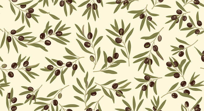 Seamless pattern of olive branches with green leaves and dark ripe olives on a light cream background for organic food and oil brands.