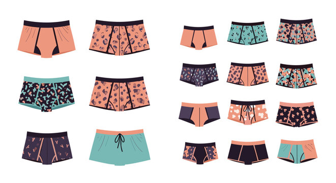 Collection of various men's boxer briefs in different colors and patterns like animal prints and geometric shapes for fashion retail.