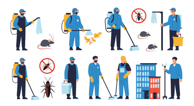 Set of pest control professionals in blue uniforms and protective gear using various tools to exterminate cockroaches and rodents in buildings.