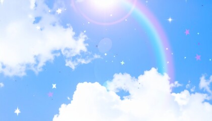 虹と星が輝く幻想的な青空背景 ゆめかわファンタジー素材