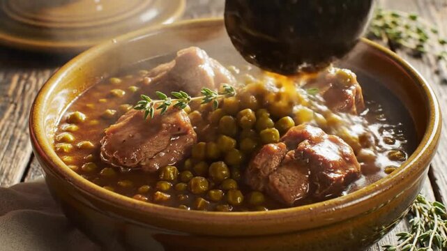 Savory beef stew with green peas and fresh thyme served in a rustic ceramic bowl on wooden table