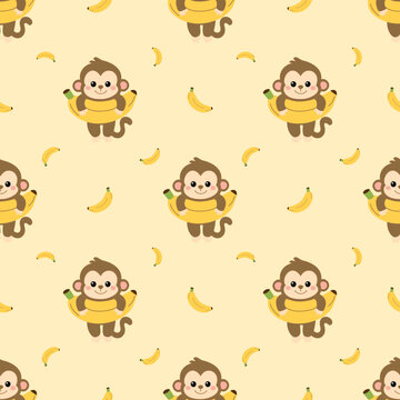 Cute Monkey with Banana Seamless Pattern Cartoon Animal Background for Kids