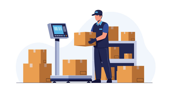Professional warehouse worker in a blue uniform weighing a brown cardboard box on a large industrial digital platform scale for shipping.