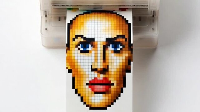 Pixelated woman face made of small colored blocks.