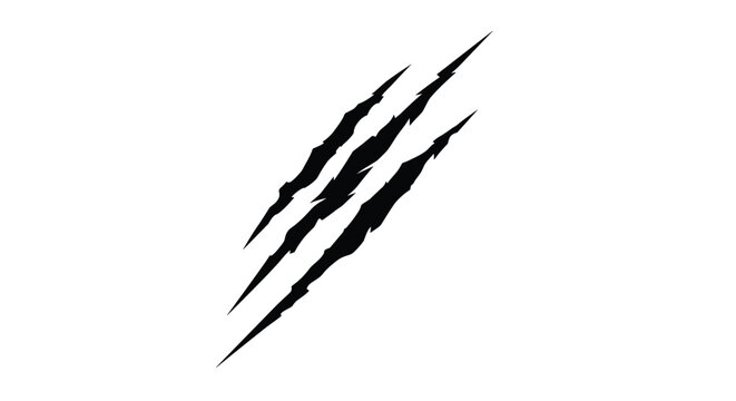 Three sharp black claw scratch marks or slash patterns isolated on a clean white background for a dangerous wild effect.