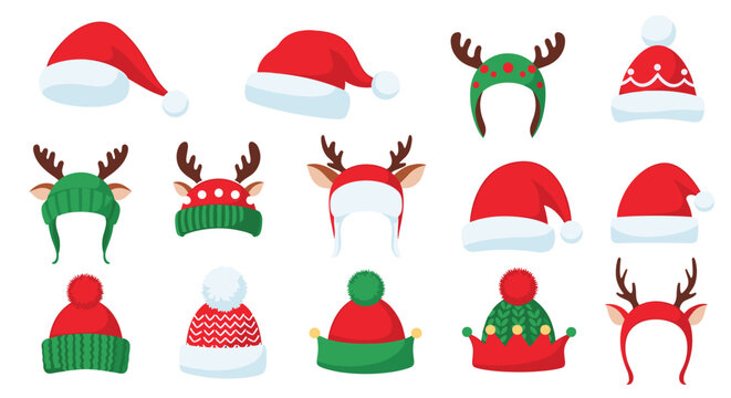 Large collection of festive Christmas and holiday themed hats including santa caps, reindeer antlers, and elf hats for seasonal celebrations and parties.