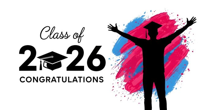 Class of 2026 congratulations design with graduate silhouette isolated on white background
