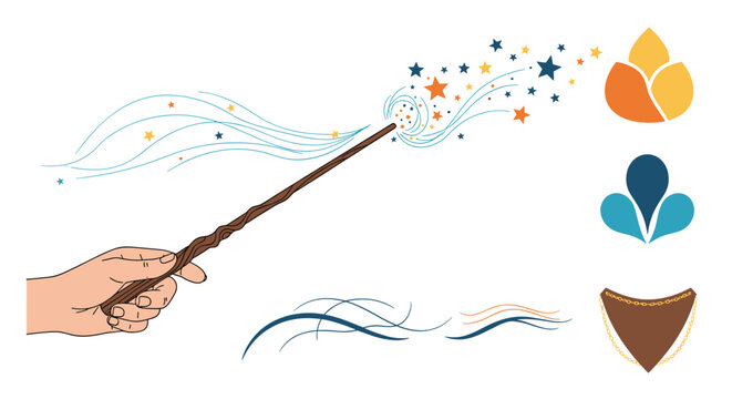 Hand holding a magic wand casting a spell with sparkling stars and swirls of magic light surrounded by abstract nature and sun-like symbols.